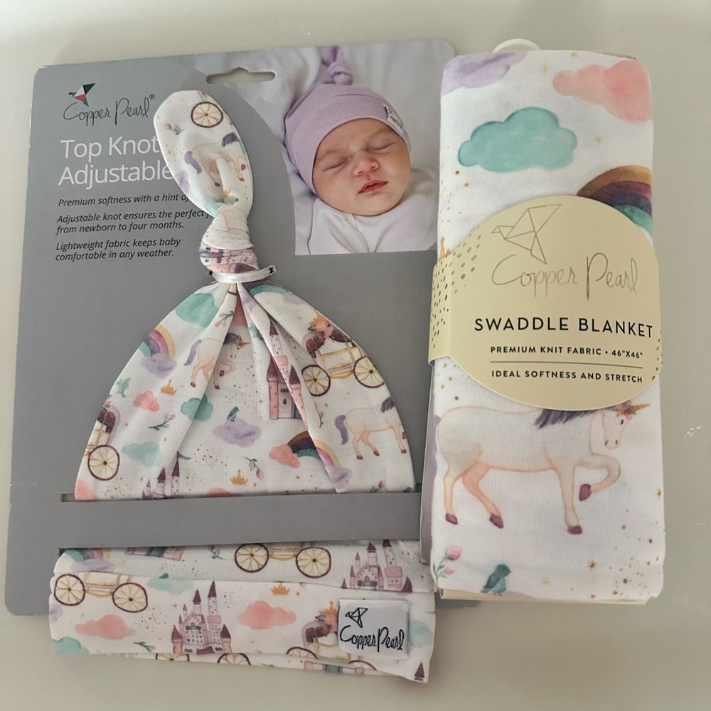 Copper pearl Unicorn Swaddle Blanket and Top Knot Hat Set